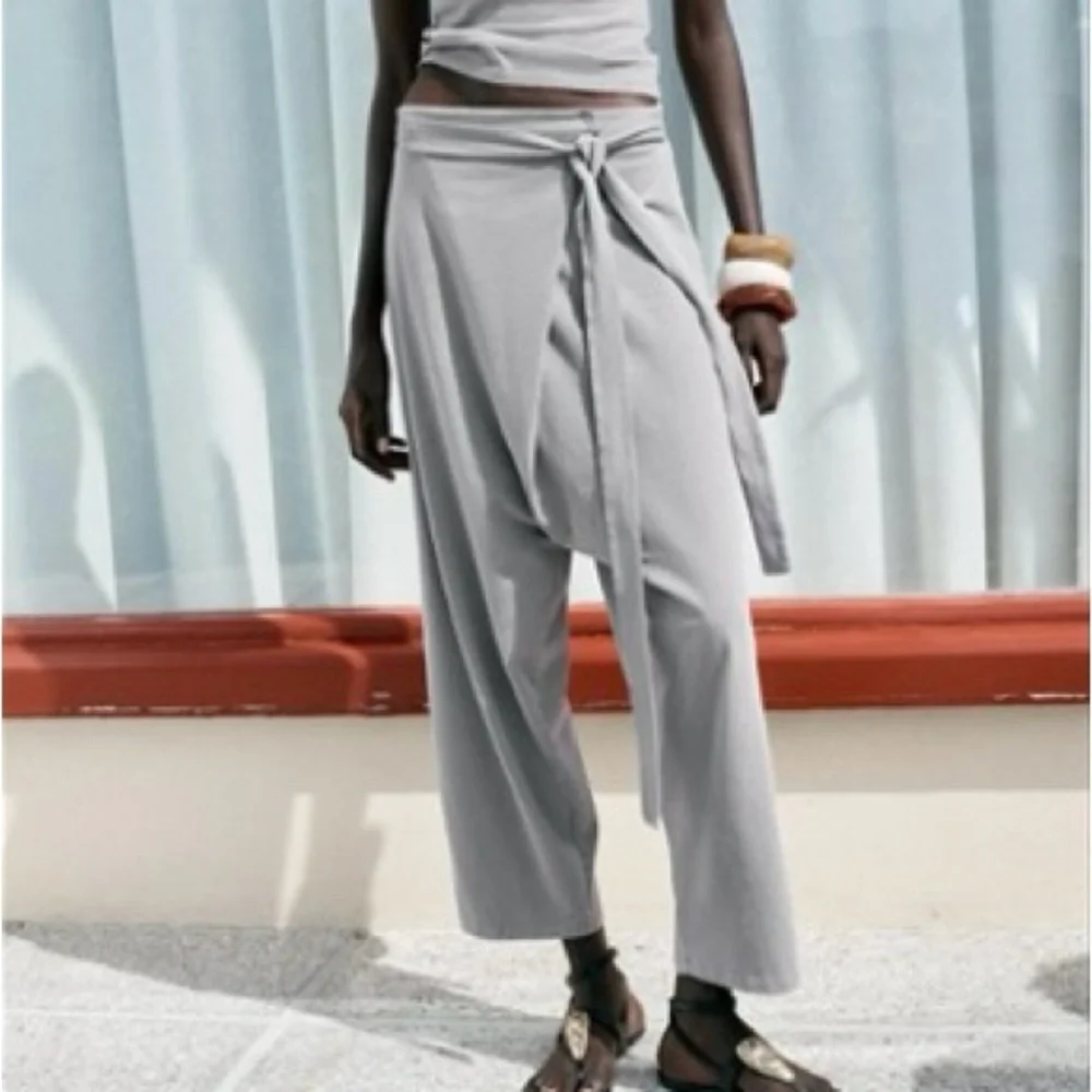 Zara Green Tie Waist Draped Drop Crotch 100% Cotton Harem Style Pants, NWT Sz M